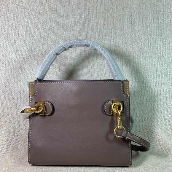 NEW Tory Burch Lee Radziwill Petite Double Clam Shell Taupe Leather Shoulder Bag - Picture 6 of 15